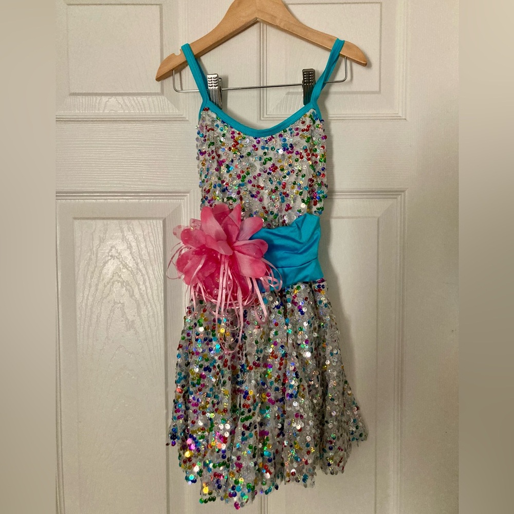 Girls Dance Costume Blue with Rainbow Sequins Sz CLA (Large)